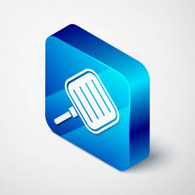 Isometric kızartma tavası simgesi gri arkaplanda izole edildi. Kızartma veya kızartma gıda sembolü. Mavi kare düğme. Vektör İllüstrasyonu