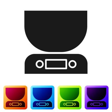 Black Electronic scales icon isolated on white background. Weight measure equipment. Set icons in color square buttons. Vector Illustration