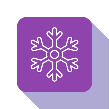 Beyaz çizgi Kar Tanesi simgesi beyaz arkaplanda izole edildi. Mor kare düğme. Vektör İllüstrasyonu