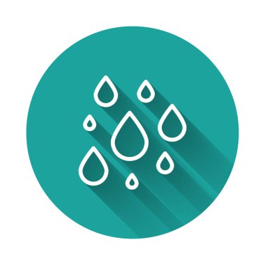 Beyaz çizgi Su damlası ikonu uzun gölgeli izole edilmiş. Yeşil daire düğmesi. Vektör İllüstrasyonu