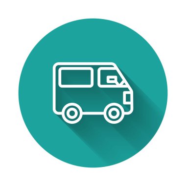 Beyaz çizgi kargo kamyonu ikonu uzun gölgeli izole edildi. Yeşil daire düğmesi. Vektör İllüstrasyonu