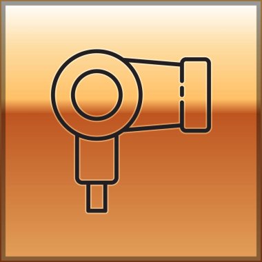 Siyah çizgi saç kurutma ikonu altın arka planda izole edilmiş. Saç kurutma makinesi tabelası. Saç kurutma sembolü. Sıcak hava üflüyor. Vektör İllüstrasyonu