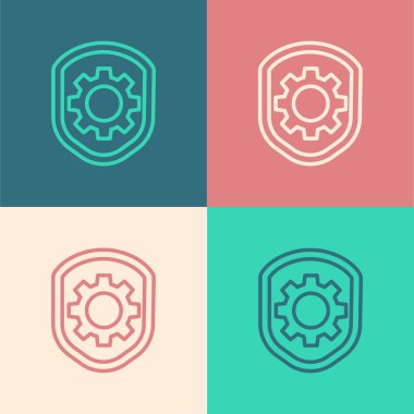 Renk arkaplanında ayar teçhizatı simgesi izole edilmiş Pop Art Line Shield. Ayarlama, servis, bakım, onarım, onarım. Vektör İllüstrasyonu