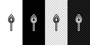 Siyah ve beyaz arkaplanda izole edilmiş ateş simgesi ile çizgi yakma kibriti. Ateşle maç. Kibrit işareti. Vektör İllüstrasyonu