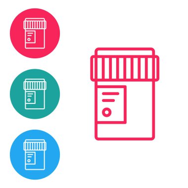 Beyaz arka planda marihuana ya da kenevir yaprağı ikonu olan kırmızı çizgi tıbbi şişe. Kavanozlardaki kenevir yağı özlerini taklit et. Simgeleri daire düğmelerine ayır. Vektör İllüstrasyonu