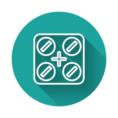 Esrarlı beyaz çizgi tıbbi haplar veya uzun gölgeli kenevir yaprağı ikonu. Kavanozlardaki kenevir yağı özlerini taklit et. Yeşil daire düğmesi. Vektör İllüstrasyonu