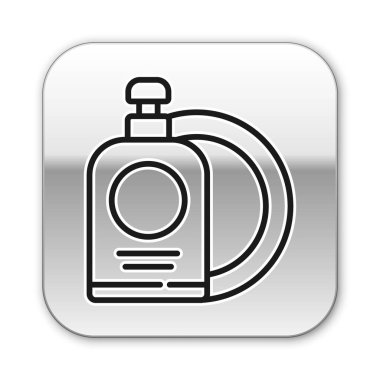 Siyah çizgili bulaşık deterjanı şişesi ve plaka simgesi beyaz arka planda izole edilmiş. Bulaşık yıkamak için sıvı deterjan. Gümüş kare düğme. Vektör İllüstrasyonu