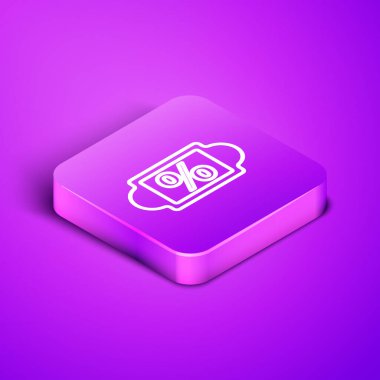 İzometrik satır İndirim% etiket simgesi mor arkaplanda izole. Etiket alışverişi. Özel teklif işareti. İndirim kuponları sembolü. Mor kare düğme. Vektör İllüstrasyonu