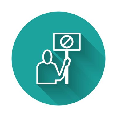 Beyaz çizgi doğa uzun gölgeli protesto simgesini koruyor. Dünya gezegeni koruması, çevre sorunları gösterisi. Yeşil daire düğmesi. Vektör İllüstrasyonu