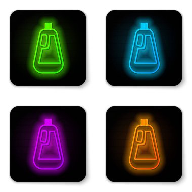 Parlak neon hattı. Sıvı çamaşır deterjanı, çamaşır suyu, bulaşık deterjanı için plastik şişe. Beyaz arka planda izole edilmiş sıvı ikon. Siyah kare düğme. Vektör İllüstrasyonu