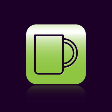 Siyah çizgi kahve fincanı simgesi siyah arkaplanda izole edilmiş. Çay fincanı. Sıcak içecek kahvesi. Yeşil kare düğmesi. Vektör İllüstrasyonu