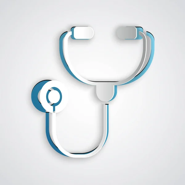 Kağıt Kesiği Stetoskop Tıbbi Alet Ikonu Gri Arka Planda Izole — Stok Vektör