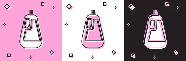 液体洗濯洗剤 漂白剤 ピンクと白 黒の背景に隔離された食器洗浄液アイコンのためのプラスチックボトルを設定します ベクターイラスト — ストックベクタ