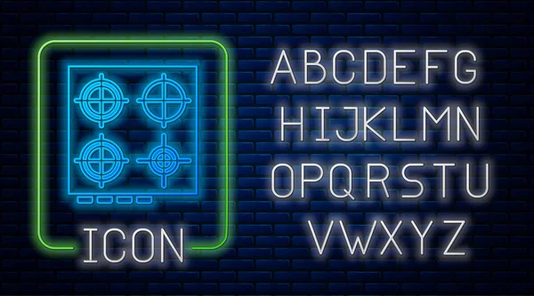 Сяюча Піктограма Неонової Газової Плити Ізольована Фоні Цегляної Стіни Знак — стоковий вектор