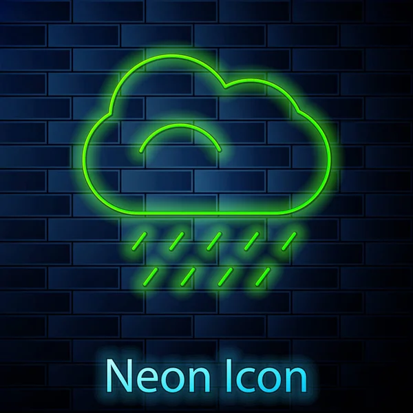 Glühende Neon Line Wolke Mit Regensymbol Isoliert Auf Backsteinmauer Hintergrund — Stockvektor