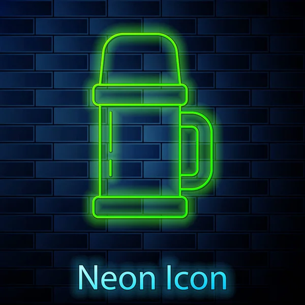 Glowing Neon Line Thermos Container Icon Isolated Brick Wall Background — Stock Vector