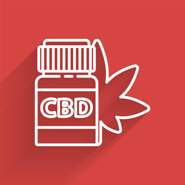 Белая линия Медицинская бутылка с марихуаной или иконой листьев конопли изолированы с длинной тенью. Изображение экстрактов масла конопли в банках. Векторная миграция
