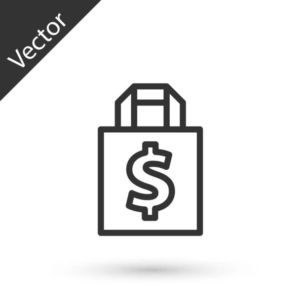 Línea Gris Bolsa Compras Símbolo Dólar Icono Aislado Sobre Fondo — Vector de stock