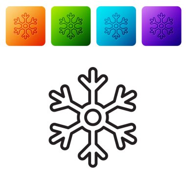 Beyaz arkaplanda siyah çizgi Kar Tanesi simgesi izole edildi. Renkli kare düğmelerle simgeleri ayarla. Vektör İllüstrasyonu
