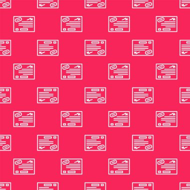 Beyaz çizgi garanti sertifika şablonu simgesi kırmızı arkaplanda izole edilmiş pürüzsüz desen. Vektör İllüstrasyonu