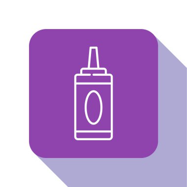 Beyaz renkli şampuan şişesi beyaz arka planda izole edilmiş. Mor kare düğme. Vektör İllüstrasyonu