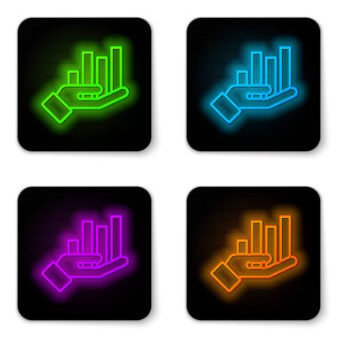 Parlayan neon hattı pasta grafiği bilgi simgesi beyaz arkaplanda izole edildi. Diyagram çizelgesi. Siyah kare düğme. Vektör İllüstrasyonu