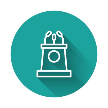 Beyaz çizgi sahne standı ya da uzun gölgeli podyum kürsüsü ikonu. Konferans konuşma tribünü. Yeşil daire düğmesi. Vektör İllüstrasyonu