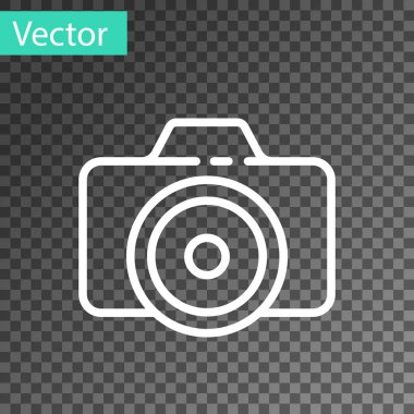 Beyaz çizgi fotoğraf makinesi simgesi şeffaf arkaplanda izole edildi. Fotoğraf makinesi simgesi. Vektör İllüstrasyonu