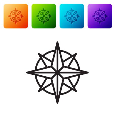 Beyaz zemin üzerinde siyah çizgi rüzgar gül ikonu izole. Seyahat için pusula simgesi. Navigasyon tasarımı. Renkli kare düğmelerle simgeleri ayarla. Vektör İllüstrasyonu