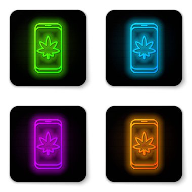 Parlak neon hattı cep telefonu ve tıbbi marihuana ya da kenevir yaprağı ikonu beyaz arka planda izole edilmiş. İnternetten satın alma sembolü. Süpermarket sepeti. Siyah kare düğme. Vektör İllüstrasyonu