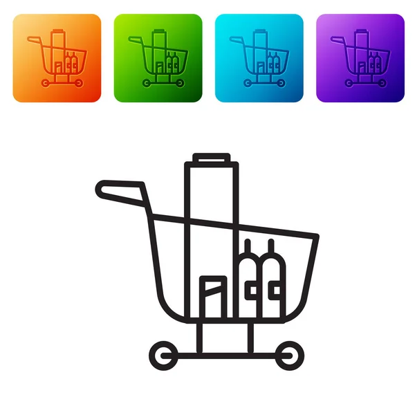 Schwarze Linie Warenkorb und Lebensmittel Symbol isoliert auf weißem Hintergrund. Lebensmittelgeschäft, Supermarkt. Setzen Sie Symbole in farbigen quadratischen Tasten. Vektorillustration — Stockvektor