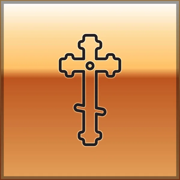 Icono de cruz cristiana de línea negra aislado sobre fondo dorado. Cruz de iglesia. Ilustración vectorial — Vector de stock