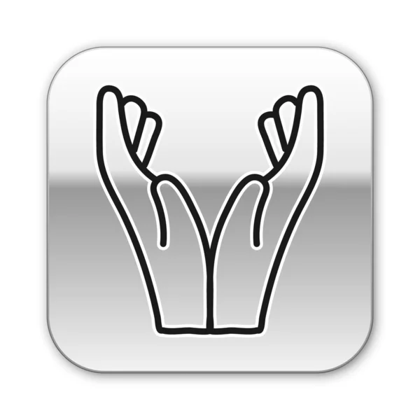 Linha preta Mãos no ícone de posição de oração isolado no fundo branco. Oração a Deus com fé e esperança. Botão quadrado de prata. Ilustração vetorial — Vetor de Stock