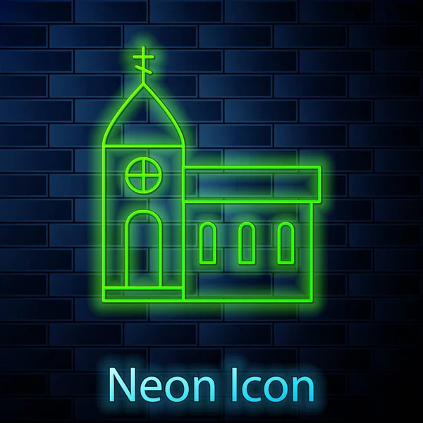 Glödande neon linje kyrka byggnad ikon isolerad på tegel vägg bakgrund. Kristna kyrkan. Kyrkans religion. Vektor Illustration — Stock vektor