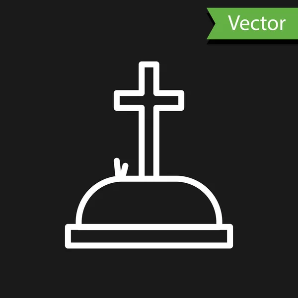 Ligne blanche Tombstone avec icône croix isolée sur fond noir. Icône de tombe. Illustration vectorielle — Image vectorielle