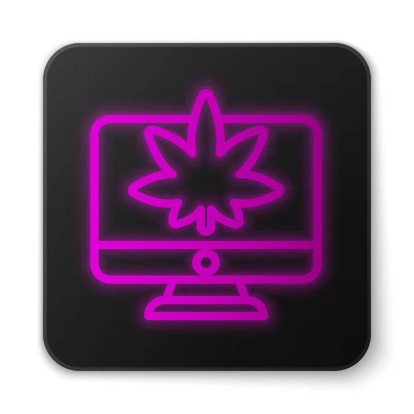 Línea de neón brillante Monitor de computadora y marihuana medicinal o icono de hoja de cannabis aislado sobre fondo blanco. Compra en línea. Cesta del supermercado. Botón cuadrado negro. Ilustración vectorial — Archivo Imágenes Vectoriales