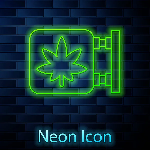 Glödande neon linje Marijuana och cannabis butik ikon isolerad på tegelvägg bakgrund. Utrustning och tillbehör för rökning, lagring av medicinsk cannabis. Vektor Illustration — Stock vektor