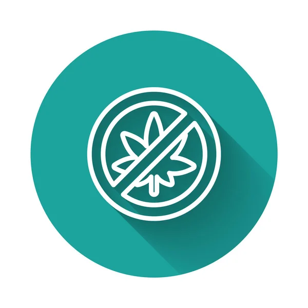 White line Stop marijuana or cannabis leaf icon isolated with long shadow. No smoking marijuana. Hemp symbol. Green circle button. Vector Illustration — Stock Vector
