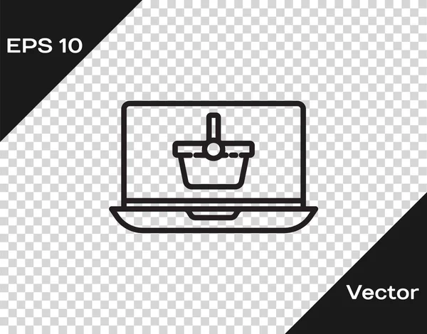 Schwarze Linie Warenkorb auf dem Bildschirm Laptop-Symbol isoliert auf transparentem Hintergrund. Konzept E-Commerce, E-Business, Online Business Marketing. Vektorillustration — Stockvektor