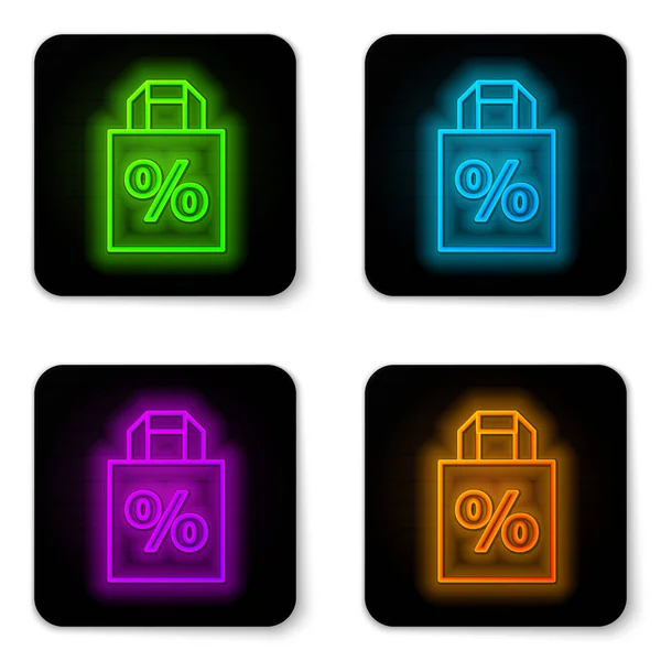 Brillante línea de neón Bolsa de compras con un icono de descuento por ciento de inscripción aislado sobre fondo blanco. Señal de bolso. Botón cuadrado negro. Ilustración vectorial — Vector de stock