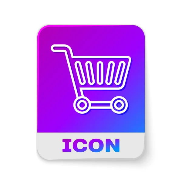 Línea blanca Icono del carrito de compras aislado sobre fondo blanco. Concepto de compra en línea. Señal de entrega. Símbolo de cesta de supermercado. Botón de color rectángulo. Ilustración vectorial — Archivo Imágenes Vectoriales