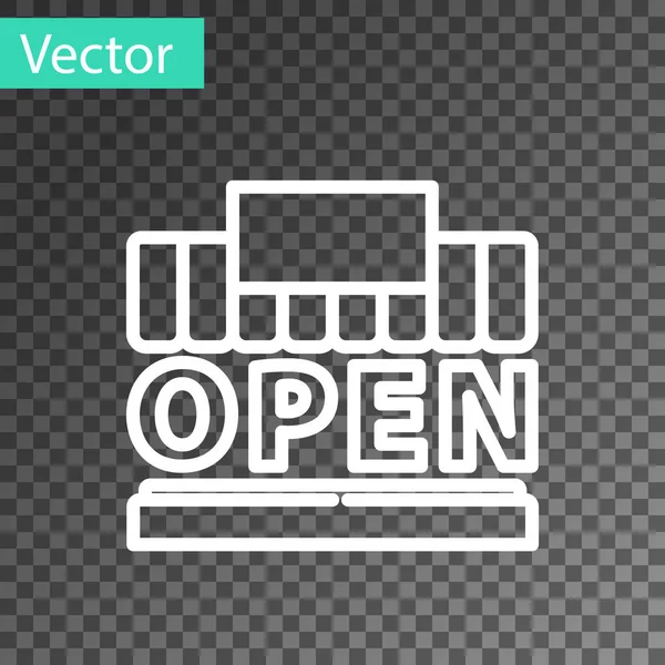 White line Shopping building or market store and text open icon isolated on transparent background. Shop construction. Vector Illustration — Stock Vector