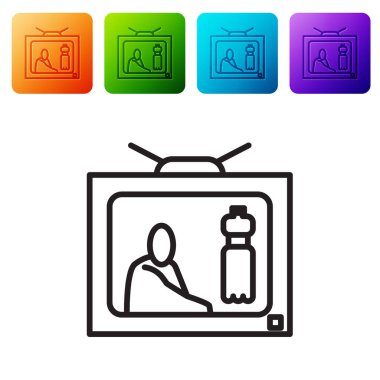 Siyah çizgi Beyaz zemin üzerinde izole edilmiş plastik kirliliği durdur simgesi. Ekolojik poster. Renkli kare düğmelerle simgeleri ayarla. Vektör İllüstrasyonu