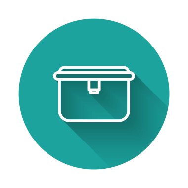 Beyaz çizgi beslenme çantası simgesi uzun gölgeli izole edilmiş. Yeşil daire düğmesi. Vektör İllüstrasyonu