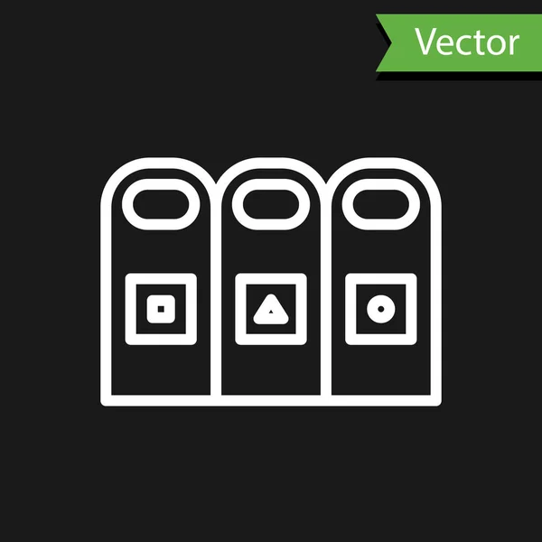 Línea blanca Basura en cubos de basura con ícono de basura clasificado aislado sobre fondo negro. Reciclar icono de cesta. Ilustración vectorial — Vector de stock