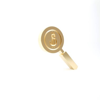 Beyaz arka planda izole edilmiş altın büyüteç ve dolar sembolü. Para bul. Para arıyorum. 3d illüstrasyon 3B canlandırma