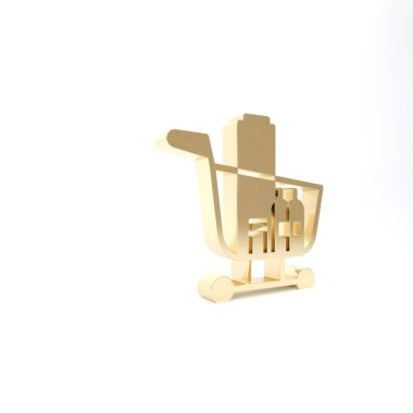 Altın alışveriş arabası ve yiyecek ikonu beyaz arka planda izole edilmiş. Yiyecek dükkanı, süpermarket. 3d illüstrasyon 3B canlandırma