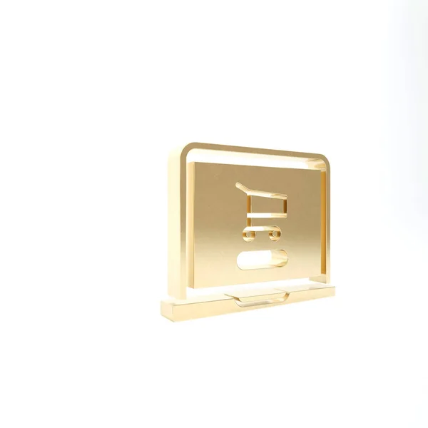 Gold Winkelwagen Scherm Laptop Pictogram Geïsoleerd Witte Achtergrond Concept Commerce — Stockfoto