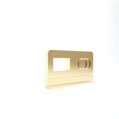 Altın kredi kartı simgesi beyaz arkaplanda izole edildi. Çevrimiçi ödeme. Nakit çekilmesi. Finansal operasyonlar. Alışveriş tabelası. 3d illüstrasyon 3B canlandırma