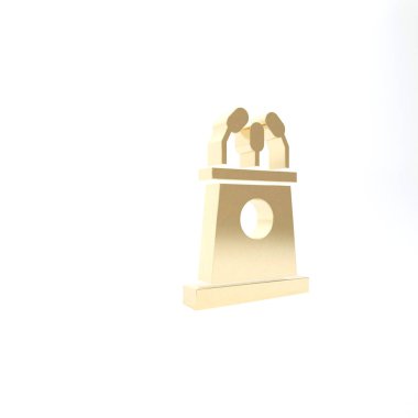 Beyaz arka planda izole edilmiş Altın Sahne veya münazara kürsüsü kürsüsü ikonu. Konferans konuşma tribünü. 3d illüstrasyon 3B canlandırma